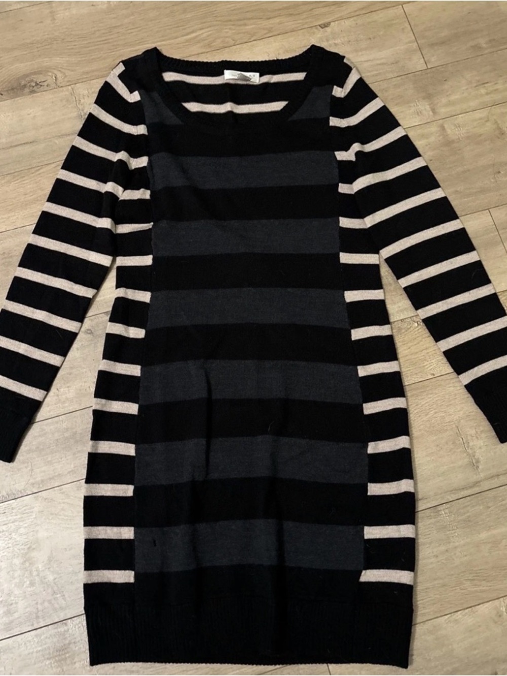 Kenar Black and Cream Striped Long Sleeve Dress